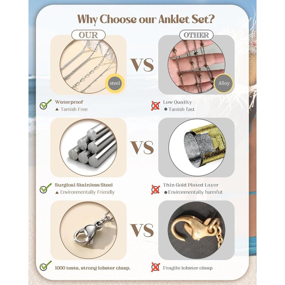 Fashionable 6pcs Stackable Anklets - Waterproof &… - image 6